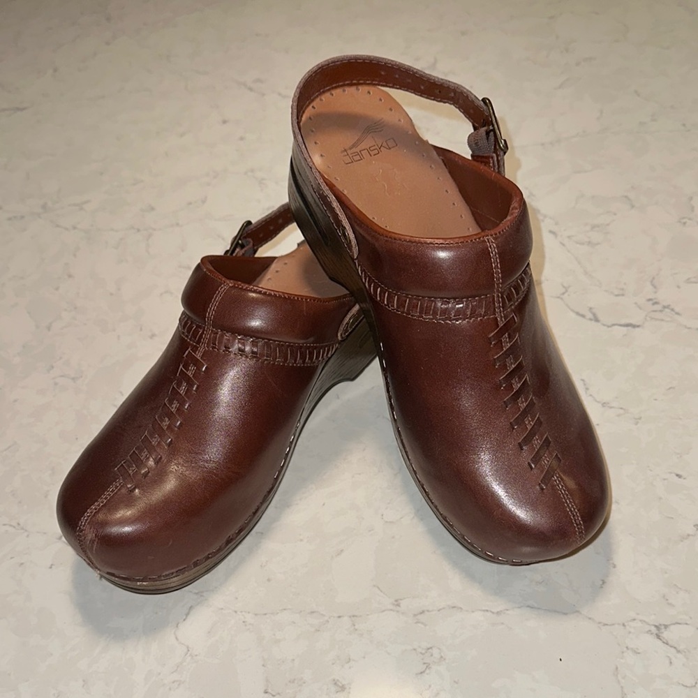 Dansko Rich Brown Leather Slip-On Clogs, Great Condition